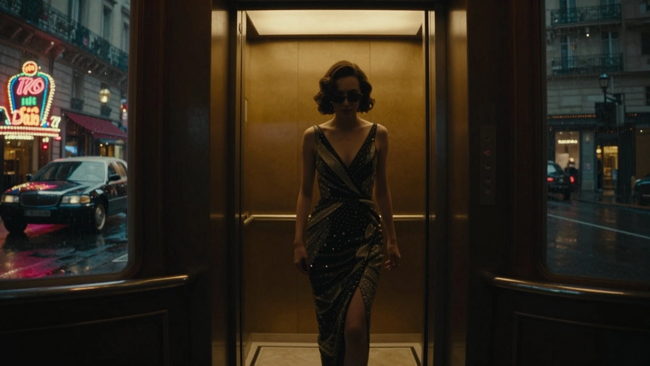 A woman in an evening gown entering a luxury hotel elevator, shadows concealing her face, rain-slicked streets below.