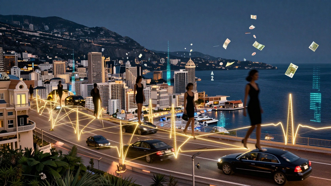Invisible golden threads connecting hidden nightlife locations in Monaco, silhouettes moving silently through the city.