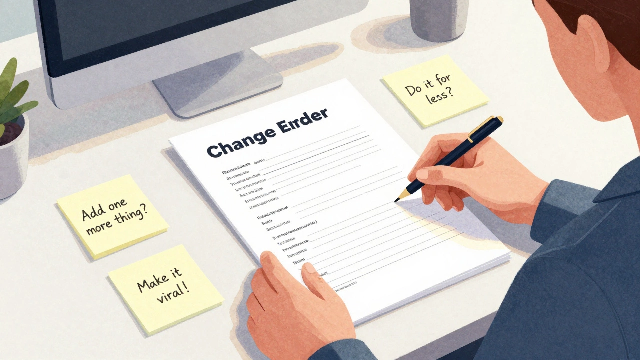 Professional placing a change order form on a desk cluttered with chaotic client requests.